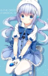 Rule 34 | 1girl, blue background, blue bow, blue dress, blue eyes, blue flower, blue footwear, blue hair, bow, character hat, closed mouth, collared shirt, colored eyelashes, dress, english text, flower, frilled dress, frills, gloves, gochuumon wa usagi desu ka?, hair between eyes, hair flower, hair ornament, hat, highres, kafuu chino, long hair, looking at viewer, magical girl, mary janes, oversized object, pantyhose, pizzzica, puffy short sleeves, puffy sleeves, shirt, shoes, short sleeves, sleeveless, sleeveless dress, smile, solo, spoon, tippy (gochiusa), twintails, very long hair, white gloves, white hat, white pantyhose, white shirt, x hair ornament