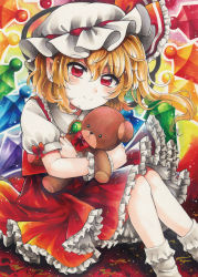 Rule 34 | 1girl, absurdres, blonde hair, blouse, bobby socks, brooch, closed mouth, collared shirt, commentary request, crystal, feet out of frame, flandre scarlet, frilled shirt collar, frilled skirt, frills, green brooch, hair between eyes, hat, hat ribbon, head tilt, highres, hugging object, jewelry, looking at viewer, maa (forsythia1729), marker (medium), medium hair, mob cap, multicolored wings, puffy short sleeves, puffy sleeves, rainbow order, red eyes, red ribbon, red skirt, red vest, ribbon, ribbon-trimmed headwear, ribbon trim, shirt, short sleeves, sitting, skirt, skirt set, smile, socks, solo, stuffed animal, stuffed toy, teddy bear, touhou, traditional media, vest, white hat, white shirt, white socks, wings, wrist cuffs
