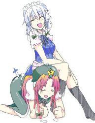 Rule 34 | 2girls, all fours, bad id, bad pixiv id, embodiment of scarlet devil, closed eyes, female focus, hairband, happy, hat, hong meiling, human chair, human furniture, izayoi sakuya, multiple girls, ribbon, siho, sitting, sitting on person, tears, touhou