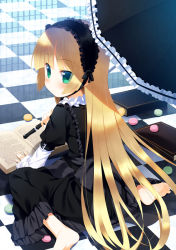 Rule 34 | 1girl, barefoot, blonde hair, blush, book, checkered floor, chin strap, dress, feet, floor, food, frills, from behind, gosick, gothic lolita, green eyes, hairband, lolita fashion, long hair, looking back, macaron, meito (maze), open book, reading, sitting, soles, solo, umbrella, very long hair, victorica de blois