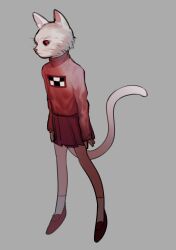 Rule 34 | 1girl, absurdres, animal head, arms at sides, cat, closed mouth, colored sclera, commentary request, expressionless, full body, grey background, highres, long sleeves, looking ahead, madotsuki, pink sweater, pleated skirt, print sweater, red sclera, red skirt, shoes, simple background, skirt, socks, solo, sweater, tail, turtleneck, turtleneck sweater, white fur, white socks, xgshjsgha, yume nikki