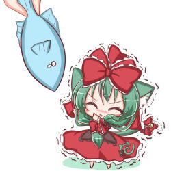 Rule 34 | 1girl, animal ears, arm ribbon, bell, bow, cat ears, cat girl, cat tail, chibi, closed eyes, dress, female focus, fish, frills, front ponytail, green hair, hair bow, hair ornament, hair ribbon, kagiyama hina, kemonomimi mode, komakoma (magicaltale), long hair, open mouth, outstretched arms, red dress, ribbon, shaking, simple background, solo, tail, tail bell, tail bow, tail ornament, touhou, trembling, white background