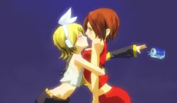 Rule 34 | 2girls, age difference, alcohol, blonde hair, blush, bow, breasts, brown hair, child, detached sleeves, drunk, headset, hug, kagamine rin, meiko (vocaloid), multiple girls, onee-loli, red theme, rororo (hwit), sake, short hair, vocaloid, yellow theme, yuri