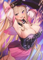 Rule 34 | 1girl, armpits, arms behind head, arms up, bare shoulders, black gloves, black shirt, blonde hair, blush, breasts, brown dust 2, character request, cleavage, cowboy shot, cropped jacket, detached collar, gloves, grey eyes, heterochromia, highres, holding, holding microphone, jacket, large breasts, long hair, looking at viewer, microphone, miniskirt, open mouth, pink skirt, pleated skirt, purple eyes, sanada keisui, shirt, short sleeves, single glove, skirt, smile, solo, standing, strapless, strapless shirt, sweat, very long hair, white jacket