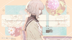 Rule 34 | 1girl, black sailor collar, chair, closed mouth, commentary request, desk, english text, flower, flower (symbol), hakoniwalily, honeyworks, looking ahead, mikkun 04, neckerchief, original, photo inset, sailor, sailor collar, school chair, school desk, short hair, signature, solo, sweater, translation request, upper body, white hair