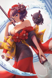 Rule 34 | 1boy, 1girl, artist name, bare shoulders, black hair, blue eyes, blush, breasts, cleavage, collarbone, commentary request, fate/grand order, fate (series), flower, hair flower, hair ornament, highres, holding, holding paintbrush, japanese clothes, katsushika hokusai (fate), kimono, medium breasts, octopus, off shoulder, oversized object, paintbrush, sebu illust, short hair, smile, tokitarou (fate), waves