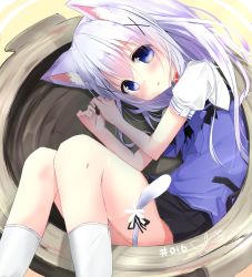 Rule 34 | 1girl, :o, animal ears, black skirt, blue bow, blue bowtie, blue eyes, blue hair, blue vest, blush, bow, bowl, bowtie, cat ears, cat tail, collar, commentary request, gochuumon wa usagi desu ka?, hair between eyes, in container, kafuu chino, kemonomimi mode, kneehighs, knees together feet apart, kouda suzu, light blue hair, long hair, looking at viewer, lying, neko nabe, on side, oversized object, parted lips, rabbit house uniform, red collar, ribbon, shirt, short sleeves, signature, skirt, socks, solo, tail, tail ornament, tail ribbon, two-tone background, vest, white shirt, white socks