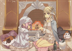 Rule 34 | 10s, 2girls, au ra, final fantasy, final fantasy xiv, fire, fireplace, hisato ar, horns, lalafell, multiple girls, pajamas, pillow, pink hair, pointy ears