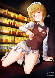Rule 34 | 1girl, alcohol, arm support, artist name, bar (place), bartender, black bow, black bowtie, black socks, blonde hair, blunt bangs, blush, bob cut, bottle, bow, bowtie, breath, brown vest, commentary request, cup, cutlass (girls und panzer), dress shirt, drinking glass, girls und panzer, half-closed eyes, handkerchief, head tilt, highres, holding, holding cup, indoors, kneeling, leaning to the side, loafers, long sleeves, looking at viewer, maid headdress, megadeko, miniskirt, ooarai naval school uniform, open mouth, partial commentary, pleated skirt, school uniform, shirt, shoes, short hair, shot glass, single horizontal stripe, skirt, smile, socks, solo, sweat, twitter username, vest, white footwear, white shirt, white skirt, wing collar, yellow eyes