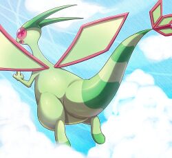 Rule 34 | blue sky, bonte380381, cloud, cloudy sky, creatures (company), fang, flygon, flying, from behind, game freak, gen 3 pokemon, looking at viewer, looking back, nintendo, no humans, pokemon, pokemon (creature), red eyes, sky, solo