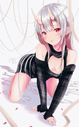 Rule 34 | 1girl, absurdres, all fours, alternate costume, arm support, armpit crease, bad id, bad pixiv id, bare shoulders, barefoot, black dress, blurry, blurry foreground, blush, breast cutout, breasts, clothing cutout, commentary request, depth of field, dress, earrings, highres, hololive, horns, jewelry, long hair, long sleeves, looking at viewer, medium breasts, mihanada kasumi, multicolored hair, nakiri ayame, oni, petals, plaid, red eyes, red hair, shoulder cutout, silver hair, simple background, skin-covered horns, sleeves past wrists, smile, solo, streaked hair, streamers, thighs, tongue, tongue out, very long hair, virtual youtuber, white background