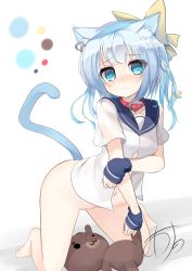 Rule 34 | 1girl, animal ears, barefoot, blue eyes, blue hair, blue sailor collar, blush, bottomless, bow, cat ears, cat tail, collar, ear piercing, hair bow, highres, kneeling, leaf1031, leaning forward, looking at viewer, matching hair/eyes, navel, original, piercing, sailor collar, solo, stuffed toy, tail, unbuttoned, unbuttoned shirt, wrist cuffs