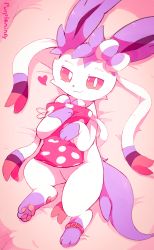 Rule 34 | alternate color, anklet, artist name, bed, bow, colored sclera, creatures (company), game freak, gen 6 pokemon, heart, highres, jewelry, lying, nintendo, no humans, hugging object, on back, pillow, pink blanket, pointy ears, pokemon, pokemon (creature), polka dot, purple fur, purple sclera, purpleninfy, ribbon, smile, solo, sylveon, white fur