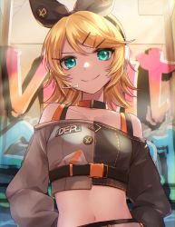 Rule 34 | 1girl, bare shoulders, belt, black bow, black shirt, blonde hair, blue eyes, bow, breasts, buckle, choker, cleavage, collarbone, commentary, crop top, graffiti, grey shirt, hair bow, hair ornament, hairclip, headset, highres, kagamine rin, light rays, long sleeves, looking at viewer, medium breasts, midriff, navel, off-shoulder shirt, off shoulder, project sekai, shirt, short hair, sidelocks, smile, snap-fit buckle, solo, song request, soramame pikuto, standing, strap, sunbeam, sunlight, swept bangs, two-tone shirt, upper body, vivid bad squad rin, vocaloid, wall, white belt