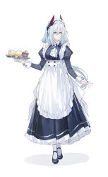Rule 34 | 1girl, alternate costume, apron, black dress, black footwear, commentary request, cupcake, dress, echj, enmaided, food, full body, grey eyes, grey hair, hanya (honkai: star rail), highres, holding, holding tray, honkai: star rail, honkai (series), juliet sleeves, long hair, long sleeves, looking at viewer, maid, mary janes, parted lips, puffy sleeves, shoes, simple background, solo, standing, tray, very long hair, white apron, white background