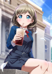 Rule 34 | 1girl, 20s, blue eyes, blue jacket, blue sky, blurry, blurry background, blush, bow, bowtie, building, cloud, collared shirt, cropped jacket, cup, dress, drink, drinking, drinking straw, drinking straw in mouth, grey dress, grey hair, highres, jacket, long sleeves, love live!, love live! superstar!!, milk tea, outdoors, petals, red bow, red bowtie, school uniform, shiimai, shirt, sitting, sky, solo, sunlight, tang keke