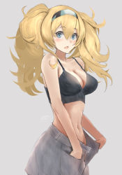 Rule 34 | 1girl, black bra, blonde hair, blue eyes, blush, bra, breasts, cleavage, collarbone, gambier bay (kancolle), grey background, hair between eyes, hairband, haruto (harut n), highres, kantai collection, large breasts, long hair, messy hair, navel, open mouth, shorts, sidelocks, signature, simple background, stomach, twintails, underwear, undressing