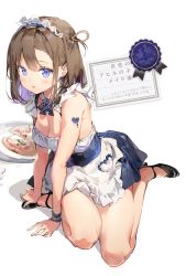 Rule 34 | 1girl, anmi, blue dress, blue eyes, blush, brown hair, certificate, commentary, dress, food, heart, high heels, highres, open mouth, original, pizza, solo, translation request, wrist cuffs