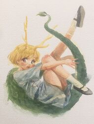 Rule 34 | 1girl, antlers, black footwear, blonde hair, blue shirt, blush, dragon girl, dragon horns, dragon tail, highres, horns, kicchou yachie, looking at viewer, misawa hiroshi, one-hour drawing challenge, open mouth, red eyes, shirt, short hair, tail, touhou, turtle shell, yellow horns