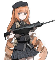 Rule 34 | 1girl, arx-160, arx-160 (girls&#039; frontline), belt, belt pouch, beret, black gloves, black hat, black shirt, black skirt, brown vest, closed mouth, collared shirt, girls&#039; frontline, gloves, gun, hat, highres, holding, holding weapon, long hair, looking at viewer, miniskirt, orange hair, pleated skirt, pouch, rampart1028, shirt, short sleeves, simple background, skirt, solo, very long hair, vest, weapon, white background, yellow eyes