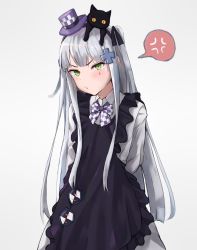 Rule 34 | 1girl, anger vein, animal, blush, bow, bowtie, cat, dress, facial mark, girls&#039; frontline, green eyes, hat, highres, hk416 (black kitty&#039;s gift) (girls&#039; frontline), hk416 (girls&#039; frontline), long hair, looking at viewer, niac, official alternate costume, pout, silver hair, solo, spoken anger vein, tears, top hat, very long hair
