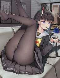 Rule 34 | 1girl, absurdres, ass, azur lane, bag of chips, black hair, black panties, black pantyhose, black serafuku, black shirt, black skirt, blunt bangs, blush, commentary, couch, english commentary, food, food in mouth, highres, horns, indoors, jean.organ, legs, legs up, long hair, long sleeves, looking away, looking to the side, lying, miniskirt, mouth hold, no shoes, noshiro (azur lane), on back, on couch, panties, panties under pantyhose, pantyhose, pocky, purple eyes, sailor collar, school uniform, serafuku, shirt, skirt, solo, teapot, underwear, upskirt, white sailor collar
