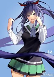 Rule 34 | 1girl, arms up, black sweater, blue background, blue hair, blue ribbon, blush, breasts, casual, character name, cowboy shot, dress shirt, eyes visible through hair, green skirt, hair ornament, happy, highres, long hair, long sleeves, looking at viewer, miniskirt, miyazakisoul, open mouth, pleated skirt, ponytail, purple eyes, ribbon, ruffling hair, shinano (warship girls r), shirt, simple background, skirt, solo, standing, sweater, sweater vest, swept bangs, teeth, very long hair, warship girls r, watermark, web address, weibo watermark, white shirt