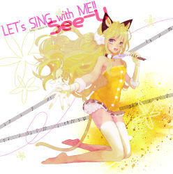 Rule 34 | 1girl, animal ears, asga, bad id, bad pixiv id, bare shoulders, blonde hair, blue eyes, cat tail, character name, gloves, kemonomimi mode, long hair, microphone, open mouth, seeu, skirt, smile, solo, staff (music), tail, thighhighs, very long hair, vocaloid, white thighhighs, zettai ryouiki