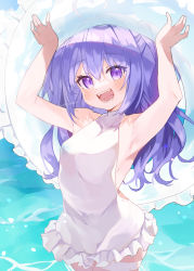 Rule 34 | 1girl, absurdres, ahoge, armpits, blue sky, breasts, character request, commentary request, day, hair between eyes, highres, holding, holding swim ring, indie virtual youtuber, innertube, long hair, nabeniuitagomi, ocean, one-piece swimsuit, open mouth, purple eyes, purple hair, sharp teeth, sky, small breasts, solo, swim ring, swimsuit, teeth, thigh strap, virtual youtuber, white one-piece swimsuit