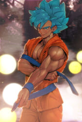 Rule 34 | 1boy, alternate skin color, bara, blue hair, blush, dougi, dragon ball, dragon ball super, feet out of frame, highres, large pectorals, looking at viewer, male focus, muscular, muscular male, pectoral cleavage, pectoral squeeze, pectorals, seductive smile, short hair, sideburns, smile, solo, son goku, spiked hair, standing, supobi, tan, thick eyebrows, undressing, veins, veiny arms