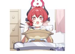 Rule 34 | + +, 1girl, black horns, blue archive, blush stickers, bowl, chopsticks, curtains, demon horns, ebifried, hair between eyes, halo, highres, holding, holding bowl, holding chopsticks, horns, indoors, junko (blue archive), long hair, open mouth, outside border, pointy ears, red eyes, red hair, red halo, smile, solo