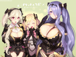 Rule 34 | 3girls, :d, alternate hairstyle, armor, ascot, black armor, black bow, black gloves, black panties, blonde hair, blush, bow, breasts, brooch, camilla (fire emblem), cleavage, corrin (female) (fire emblem), corrin (fire emblem), earrings, elise (fire emblem), fire emblem, fire emblem fates, fire emblem heroes, gloves, hair between eyes, hair bow, hair ornament, hair over one eye, hairband, huge breasts, jewelry, kashiwamochi yomogi, large breasts, lips, long hair, matching hairstyle, multiple girls, nintendo, official alternate costume, open mouth, panties, pink bow, pointy ears, purple eyes, purple hair, red eyes, simple background, skindentation, smile, string panties, tiara, twintails, underwear, very long hair, wavy hair