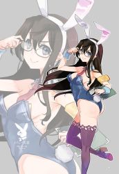 Rule 34 | 1girl, :&gt;, adjusting eyewear, ajino (sakanahen), alternate costume, animal ears, arm up, armband, artist name, ass, bare shoulders, black-framed eyewear, black footwear, blue eyes, blue leotard, breasts, brown hair, cleavage, clipboard, closed mouth, dated, detached collar, fake animal ears, fake tail, glasses, grey background, hairband, high heels, highres, holding, kantai collection, leg up, leotard, long hair, medium breasts, ooyodo (kancolle), playboy bunny, purple thighhighs, rabbit ears, rabbit tail, semi-rimless eyewear, simple background, smile, smug, solo, standing, standing on one leg, strapless, strapless leotard, tail, thighhighs, twisted torso, under-rim eyewear, v-shaped eyebrows, very long hair, white hairband, wrist cuffs, zoom layer