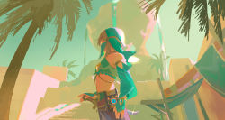 Rule 34 | 1boy, bare shoulders, blonde hair, blue eyes, commentary, cowboy shot, crossdressing, day, detached sleeves, from side, gerudo set (zelda), highres, link, male focus, midriff, mouth veil, nintendo, official alternate costume, outdoors, palm tree, pixiescout, pointy ears, sheikah slate, solo, sword, the legend of zelda, the legend of zelda: breath of the wild, trap, tree, veil, weapon