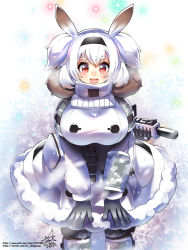 Rule 34 | 1girl, :3, alvis (last origin), assault rifle, black gloves, blush, breasts, coat, fur jacket, gloves, gun, highres, jacket, large breasts, last origin, medium hair, oppai loli, red eyes, rifle, short twintails, signature, solo, twintails, twitter username, two side up, umigarasu (kitsune1963), watermark, weapon, web address, white hair