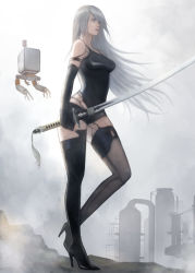 Rule 34 | 1girl, android, arm at side, armlet, bad id, bad pixiv id, bare shoulders, black footwear, black gloves, black shorts, black thighhighs, blue eyes, boots, breasts, cloud, cloudy sky, collarbone, day, drone, elbow gloves, floating, full body, gloves, high heel boots, high heels, highleg shorts, highres, holding, holding sword, holding weapon, joints, katana, leg up, legs apart, lips, long hair, looking away, machinery, medium breasts, niedola, nier:automata, nier (series), no mole, open mouth, outdoors, pink lips, pod (nier:automata), robot, robot joints, shadow, shirt, short shorts, shorts, silo, silver hair, skin tight, sky, sleeveless, solo, standing, standing on one leg, swept bangs, sword, tank top, tassel, taut clothes, taut shirt, thigh boots, thighhighs, very long hair, weapon, a2 (nier:automata)
