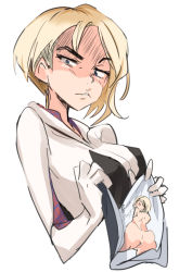Rule 34 | 1girl, anus, asymmetrical hair, atori (lh1rbyl0ccyy5bz), blonde hair, cropped torso, disgust, female focus, gwen stacy, highres, holding, marvel, parted lips, pussy, simple background, solo, spider-gwen, spider-man: into the spider-verse, spider-man (series), spider-verse, white background