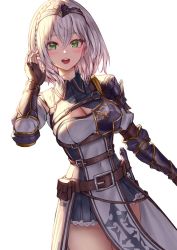 Rule 34 | 1girl, armor, athenawyrm, belt, belt buckle, black gloves, blush, braid, breasts, buckle, circlet, cleavage, cleavage cutout, clothing cutout, covered navel, female knight, fingerless gloves, gloves, gold trim, green eyes, hair between eyes, hololive, knight, large breasts, loincloth, looking at viewer, mole, mole on breast, o-ring, open mouth, shirogane noel, shirogane noel (1st costume), shoulder armor, solo, teeth, upper teeth only, utility belt, virtual youtuber, white background, white hair, wrist guards