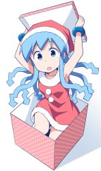 Rule 34 | 1girl, :o, alternate costume, anbe masahiro, armpits, arms up, blue hair, box, bracelet, christmas, from above, gift, gift box, hat, ikamusume, in box, in container, jewelry, looking at viewer, santa costume, santa hat, shinryaku! ikamusume, simple background, sleeveless, solo, tentacle hair, white background