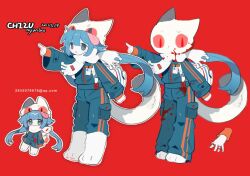 Rule 34 | 1girl, animal ears, animal hands, animal hat, artist name, bag, blood, blood on clothes, blood on face, blood on hands, blue eyes, blue hair, blue jacket, blue pants, blush stickers, cat ears, cat hat, cat tail, chibi, chibi inset, chizunyanko, closed mouth, dated, english text, full body, furry, gloves, hat, highres, jacket, long hair, long sleeves, looking at viewer, low twintails, multiple views, open mouth, original, outline, outstretched arm, pants, pocket, pointing, pointing forward, red background, red eyes, scarf, simple background, sleeves past wrists, slit pupils, smile, standing, tail, twintails, very long hair, white footwear, white fur, white outline, white scarf