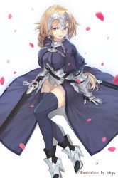 Rule 34 | 1girl, :d, absurdres, armor, armored dress, artist name, black dress, black footwear, black thighhighs, blonde hair, blue eyes, boots, braid, dress, fate/apocrypha, fate (series), gauntlets, high heel boots, high heels, highres, holding, holding sword, holding weapon, jeanne d&#039;arc (fate), jeanne d&#039;arc (ruler) (fate), long hair, looking at viewer, open mouth, panties, ponytail, sheath, sheathed, simple background, single braid, smile, solo, sword, thighhighs, underwear, very long hair, weapon, white background, white panties