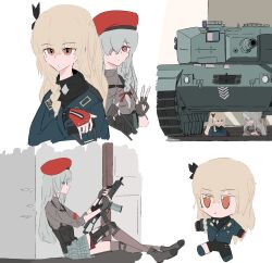 Rule 34 | 2girls, assault rifle, beret, blonde hair, blue jacket, braid, caterpillar tracks, character doll, closed mouth, cropped torso, expressionless, fingerless gloves, full body, fumo (doll), g36c (girls&#039; frontline), girls&#039; frontline, gloves, grey hair, gun, h&amp;k g36, h&amp;k g36c, hair ornament, hair over one eye, hat, highres, holding, holding gun, holding weapon, jacket, leopard 2, long hair, looking at viewer, maplenecktele, military, military vehicle, motor vehicle, multiple girls, multiple views, red eyes, red headwear, rifle, sitting, skirt, sp9 (girls&#039; frontline), tank, uniform, weapon