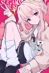 Rule 34 | 1girl, black footwear, black skirt, blue archive, closed mouth, haku (yanhaku), halo, highres, jacket, long hair, long sleeves, looking at viewer, natsu (band) (blue archive), natsu (blue archive), official alternate costume, open clothes, open jacket, pink hair, pink halo, pleated skirt, red eyes, shirt, shoes, skirt, smile, socks, solo, v, white shirt, white socks, yellow jacket