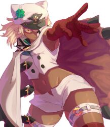 Rule 34 | 1girl, blonde hair, breasts, cape, commentary, contrapposto, cropped vest, dark-skinned female, dark skin, english commentary, foreshortening, groin, guilty gear, guilty gear strive, hair over one eye, hand wraps, hat, highres, midriff, navel, orange eyes, ramlethal valentine, serious, short shorts, shorts, small breasts, solo, supacreamss, thigh strap, two-sided cape, two-sided fabric, vest, white cape, white shorts