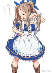 Rule 34 | 1girl, 4690 (tkpbsk), alternate costume, apron, asakaze (kancolle), blonde hair, blue dress, blue ribbon, blush, boots, brown footwear, cross-laced footwear, dress, enmaided, closed eyes, feet out of frame, hair ribbon, kantai collection, lace-up boots, long hair, maid, one-hour drawing challenge, open mouth, puffy short sleeves, puffy sleeves, ribbon, short sleeves, simple background, solo, two side up, white apron, white background