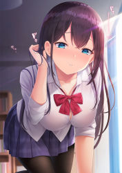 Rule 34 | 1girl, black hair, black pantyhose, blue eyes, blue skirt, blurry, blurry background, blush, breasts, crossed bangs, hicha nomu, highres, holding, holding hair, indoors, large breasts, leaning forward, long hair, looking at viewer, looking down, neck ribbon, original, pantyhose, parted lips, red ribbon, ribbon, school uniform, shirt, skirt, solo, translation request, white shirt