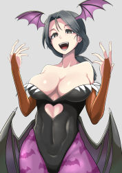 Rule 34 | 1girl, animal print, bad id, bad pixiv id, bare shoulders, bat print, bat wings, black leotard, breasts, bridal gauntlets, bright pupils, brown gloves, cleavage, clothing cutout, cosplay, covered navel, cowboy shot, fangs, freckles, girls und panzer, gloves, grey background, grey eyes, grey hair, hair tie, halloween costume, head wings, heart cutout, highres, large breasts, leotard, long hair, looking at viewer, low wings, morrigan aensland, morrigan aensland (cosplay), open mouth, pantyhose, piyotan (girls und panzer), ponytail, print pantyhose, purple pantyhose, simple background, smile, solo, vampire (game), vampire costume, w arms, white pupils, wings, yougata