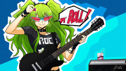 Rule 34 | 1girl, absurdres, amplifier, arm up, artist name, black nails, black shirt, blue-framed eyewear, bracelet, breasts, collar, collarbone, earrings, electric guitar, english text, girls&#039; frontline, green hair, guitar, hair between eyes, hair ornament, hairclip, highres, holding, holding guitar, holding instrument, holding plectrum, instrument, jewelry, juice box, large breasts, long hair, looking at viewer, m950a (girls&#039; frontline), m950a (headbanger syndrome) (girls&#039; frontline), necklace, one eye closed, outline, plectrum, red-tinted eyewear, shirt, short sleeves, smile, solo, speech bubble, spiked bracelet, spikes, tied shirt, tinted eyewear, tryvor, twintails, yellow eyes