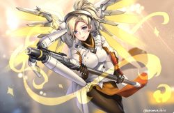 Rule 34 | 1girl, armor, aruma jiki, blonde hair, blue eyes, blush, bodysuit, breastplate, breasts, brown gloves, brown pantyhose, cowboy shot, eyelashes, faulds, gloves, glowing, glowing wings, gun, halo, headgear, high ponytail, holding, holding gun, holding staff, holding weapon, legs together, loincloth, long sleeves, looking at viewer, mechanical halo, mechanical wings, medium breasts, mercy (overwatch), overwatch, overwatch 1, pantyhose, parted lips, pelvic curtain, ponytail, short ponytail, skin tight, smile, solo, spread wings, staff, turtleneck, twitter username, weapon, wings, yellow wings