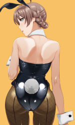 Rule 34 | 1girl, ahoge, animal ears, bare shoulders, black leotard, black pantyhose, commentary request, detached collar, fake animal ears, fake tail, fishnet pantyhose, fishnets, from behind, green eyes, highres, humiyou, idolmaster, idolmaster million live!, idolmaster million live! theater days, leotard, light brown hair, looking at viewer, looking back, pantyhose, playboy bunny, rabbit ears, rabbit tail, sakuramori kaori, short hair, solo, strapless, strapless leotard, tail, wrist cuffs, yellow background